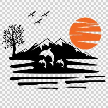 Tree Dolphin Silhouettes Leaping Before Mountain Sunset Stock Illustration