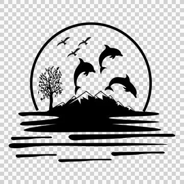 Tree Dolphins Jumping Near Mountain Silhouette sun mountains Stock Illustration