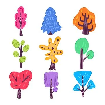 Tree doodle flat set cartoon vector illustration Stock Illustration