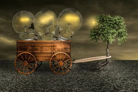 Tree dragging a farm cart of light bulbs on asphalt in a sunset day. Growth a Stock Illustration