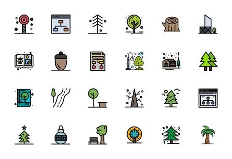 Tree Editable Vector Set with 24 128x128 Line Filled Icons Stock Illustration