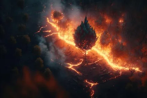 A tree is engulfed in flames in a forest area with trees and bushes on fire.. Illustrazione stock