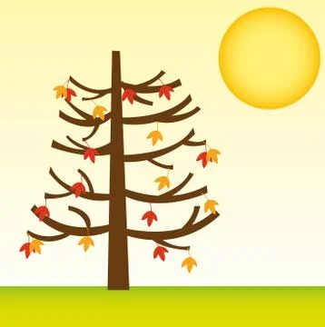 Tree with fall leaves over landscape with sun. vector Ilustração Stock