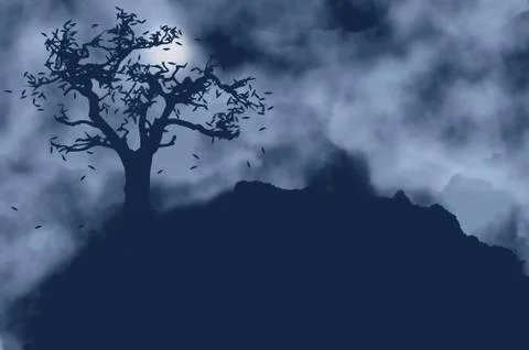 Tree with falling leaves and moon on a foggy night Illustrazione stock