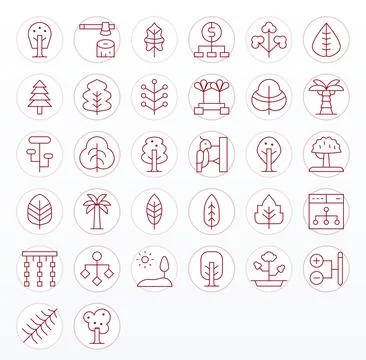 Tree featuring 32 Retina Ready Vector Icons in Thin Line Design Stock Illustration
