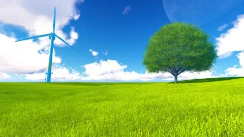 Tree field of grass and perfect sky landscape 3D rendering Illustration