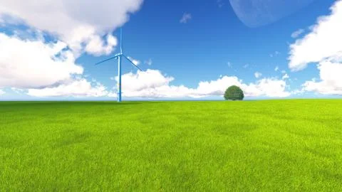 Tree field of grass and perfect sky landscape 3D rendering Stock Illustration