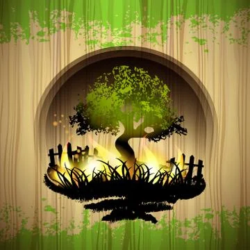 Tree on fire over wood texture background Stock Illustration