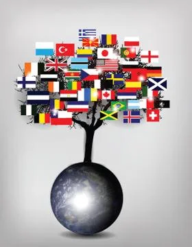 Tree flags with earth globe Stock Illustration