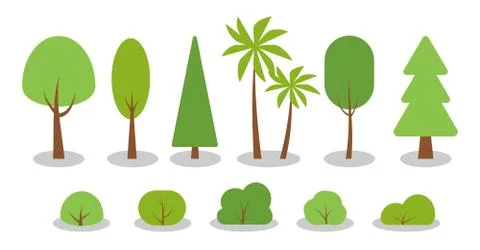 Tree flat green summer bush forest icon vector set Stock Illustration