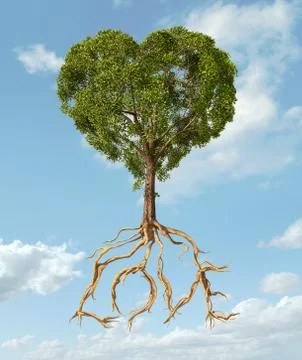 Tree with foliage with the shape of a heart and roots as text Love. Stock Illustration