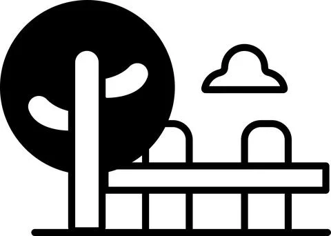 A tree is in the foreground of a black and white drawing of a park Ilustración de archivo
