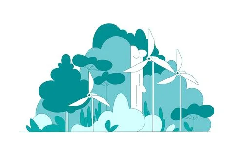 Tree Forest and Windmill Energy Generator as Eco Friendly Vector Illustration イラスト素材