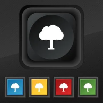 Tree, Forest icon symbol. Set of five colorful, stylish buttons on black texture Illustrazione stock