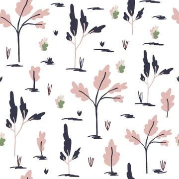 Tree forest isolated silhouettes seamless pattern. White background with pink 스톡 일러스트