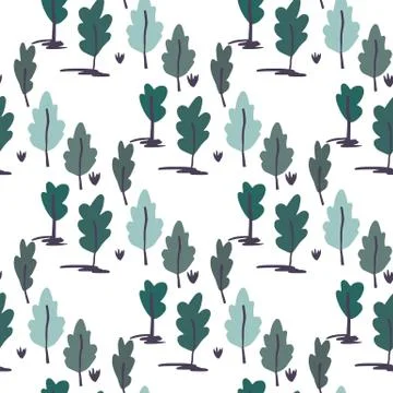 Tree forest seamless isolated pattern. Abstract botanic silhouettes in blue a Illustrazione stock