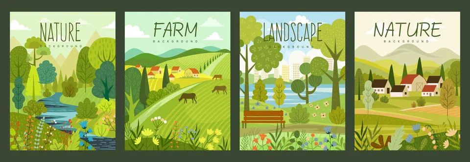Tree forest. Spring park, summer farm watercolor poster. Village scenery with Ilustración de archivo