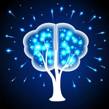 Tree in the form of human brains, thoughts shining points. Stock Illustration