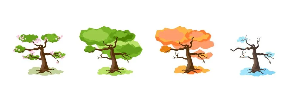 Tree in four seasons - spring, summer, autumn, winter. Vector illustration. Set Stock Illustration