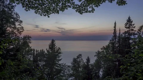 Tree Framed Lake Superior Twilight Stock Footage 81143550
