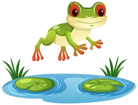 Tree Frog Leaping Over Pond with Lily Pads Ilustração Stock