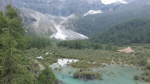 Tree in front of Himalaya mountains with a clear lake Video stock 117987554