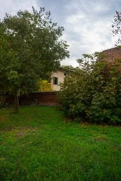 A tree is in front of a house with a wall Stock Photos