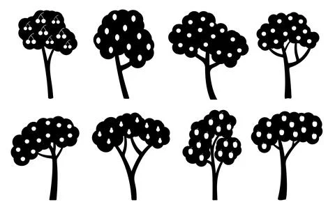 Tree fruit black silhouette flat forest plant set Stock Illustration