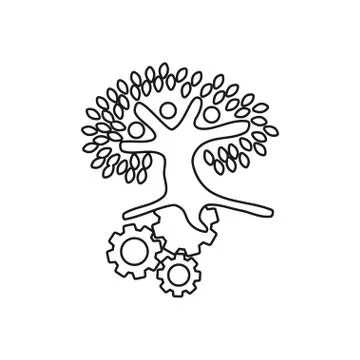 Tree gears Commitment Teamwork Together Outline Logo 스톡 일러스트