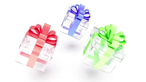 Tree glass gift boxes color silk ribbons on white bg able to loop endless Stock Footage 315427672