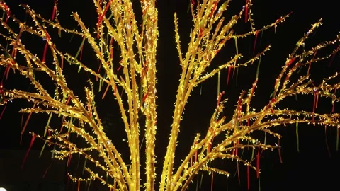 A tree glowing with yellow light at night with colorful ribbons Video stock 159117919