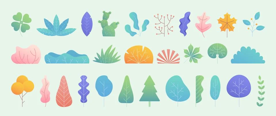 Tree gradation. Leaf nature, different leaves simple minimal set for decor with Stock Illustration