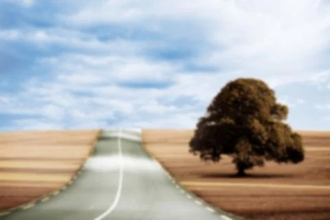 Tree on grass by empty road Ilustração Stock
