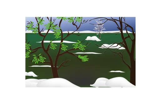 Tree with green leaves in snow Stock Illustration