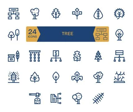 Tree Grid Fitted Vector Set with 24 64x64 Bold Line Icons Stock Illustration