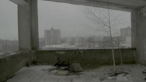 Tree Growing on an Abandoned Apartment Balcony Overlooking the Pripyat Skyline Stock Footage 321347677