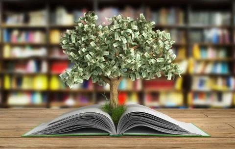 Tree growing from book A big open book with tree Reading makes you richer con Stock Illustration