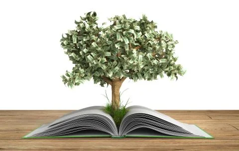 Tree growing from book A big open book with tree Reading makes you richer con Illustrazione stock