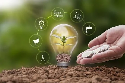 Tree growing in fluorescent energy saving lamp and soil energy icon, energy.. Stock Photos