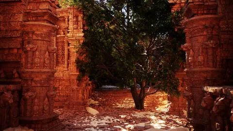 A tree is growing out of the ruins of a building Ilustración de archivo