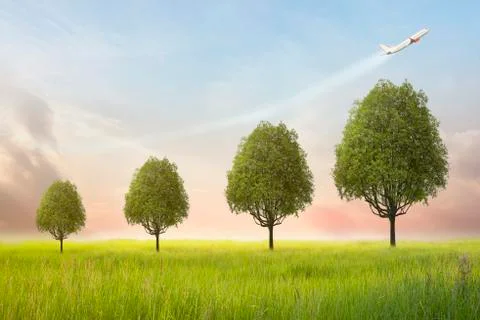 Tree is growing with the plane symbolizing the arrow. Business growth concept Foto stock