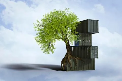 Tree growing roots on stack of cargo containers イラスト素材
