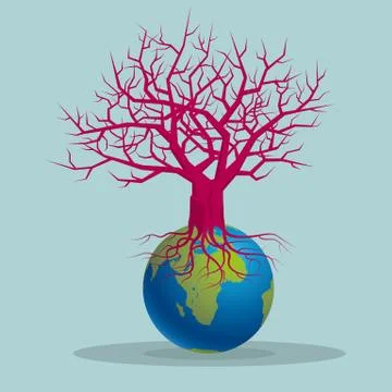 The tree grows on the earth.Isolated on blue background. Stock Illustration