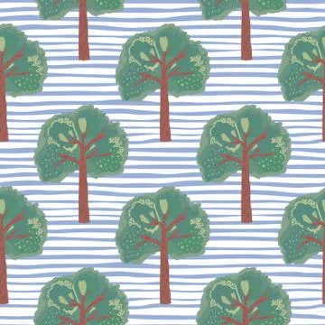 Tree hand drawn elements seamless doodle pattern. Green botanic ornament on b Stock Illustration