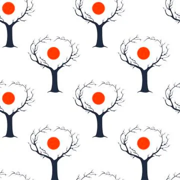 Tree heart seamless pattern with red sun on white background. Vector Stock Illustration