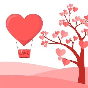 Tree with Hearth Shape of leaf and Flying Air Balloon 스톡 일러스트