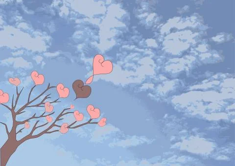 Tree with hearts against the cloudy sky Stock Illustration