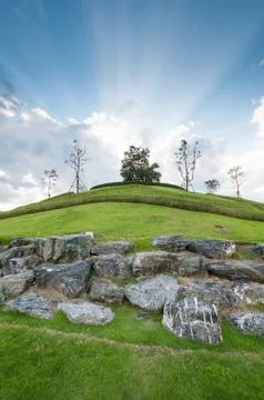 Tree on hill with cloudy blue sky and sunbeam Stock Photos