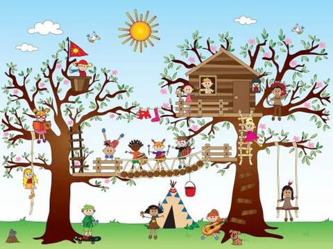 Tree house with children Stock Illustration