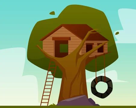 Tree house construction on big tree for kids, vector children playground with Stock Illustration